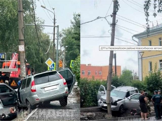 Водитель ехал по тротуару и врезался в столб в Новосибирске