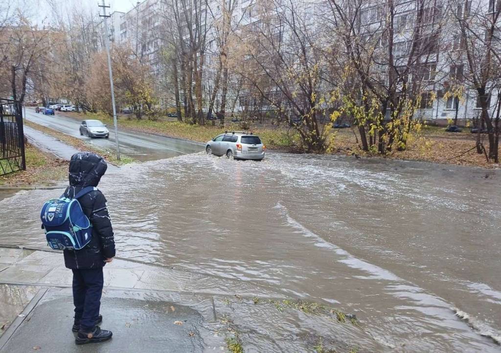 «Машина утонула»: в Новосибирске затопило дорогу к школе №186 (ВИДЕО)