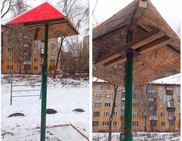 В Новосибирске на детской площадке установили грибок в песочнице из строительного мусора