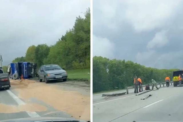 В Новосибирской области грузовик с зерном перевернулся и блокировал движение в сторону Омска