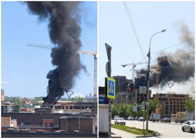 В Новосибирске на крыше строящегося дома загорелись стройматериалы