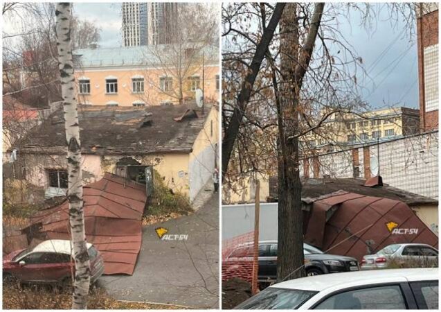 В Новосибирске из-за урагана сорвало крышу со здания на Большевистской