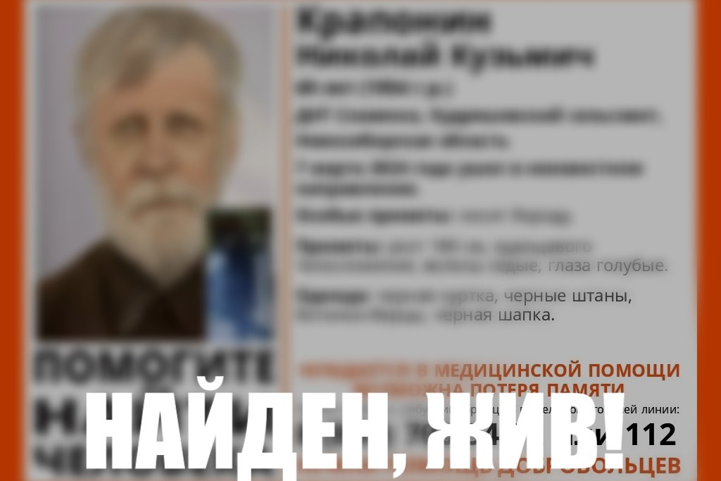 В Новосибирской области нашли живым пропавшего 69-летнего пенсионера