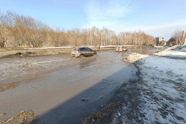 В Новосибирске мужчина 5 месяцев борется с гигантской лужей на улице Петухова