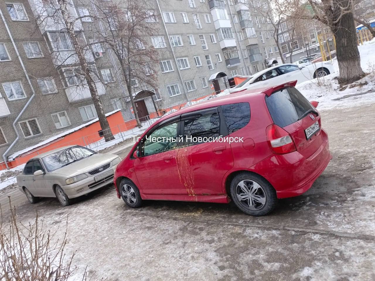 В Новосибирске старушка обливает помоями машины